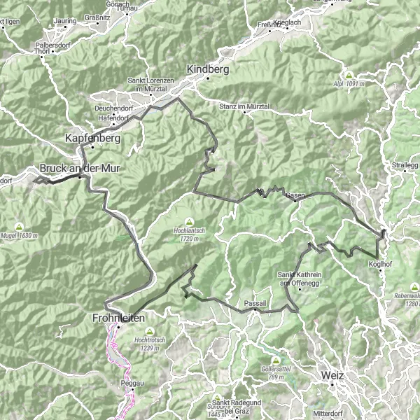 Karttaminiaatyyri "Haastava kiertue Birkfeldissa" pyöräilyinspiraatiosta alueella Steiermark, Austria. Luotu Tarmacs.app pyöräilyreittisuunnittelijalla