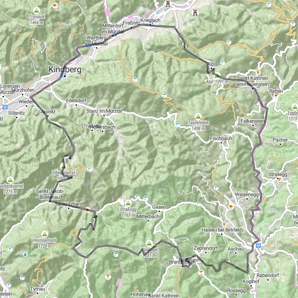 Karttaminiaatyyri "Näköaloja ja Seikkailua" pyöräilyinspiraatiosta alueella Steiermark, Austria. Luotu Tarmacs.app pyöräilyreittisuunnittelijalla