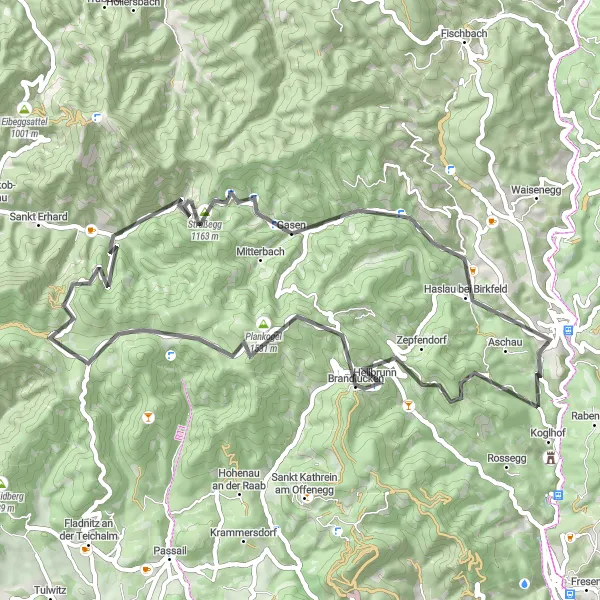 Mapa miniatúra "Zelené kopcovité údolie v okolí Birkfeldu" cyklistická inšpirácia v Steiermark, Austria. Vygenerované cyklistickým plánovačom trás Tarmacs.app