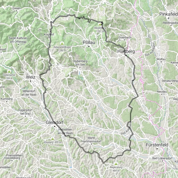 Miniaturní mapa "Náročná silniční cyklotrasa se zajímavými zastávkami" inspirace pro cyklisty v oblasti Steiermark, Austria. Vytvořeno pomocí plánovače tras Tarmacs.app
