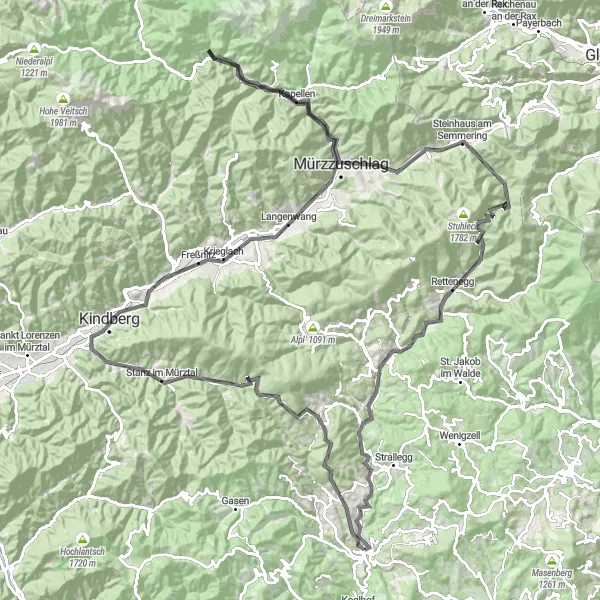 Kartminiatyr av "Lang runde fra Birkfeld gjennom Mürzzuschlag til Alfredhütte" sykkelinspirasjon i Steiermark, Austria. Generert av Tarmacs.app sykkelrutoplanlegger