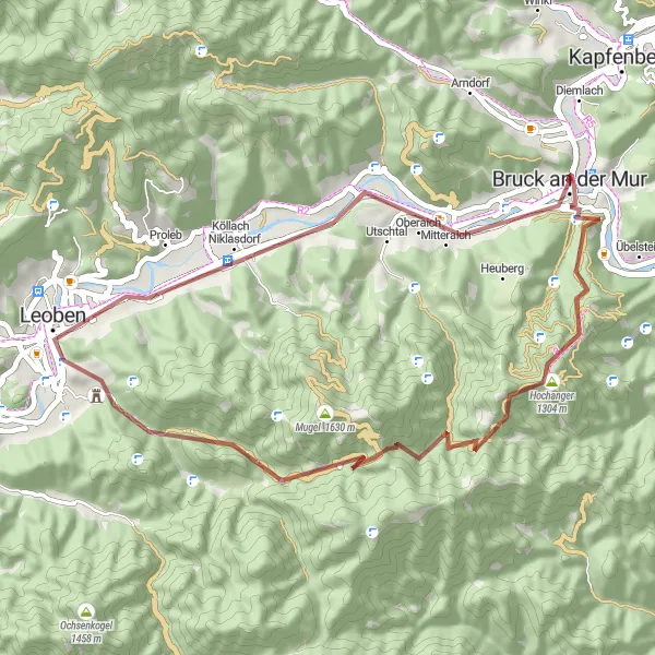 Miniature de la carte de l'inspiration cycliste "Tour des châteaux de Bruck an der Mur" dans la Steiermark, Austria. Générée par le planificateur d'itinéraire cycliste Tarmacs.app