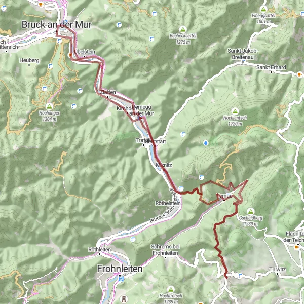 Miniatura della mappa di ispirazione al ciclismo "Ciclabile attraverso Liebsberg e Gschieskogel" nella regione di Steiermark, Austria. Generata da Tarmacs.app, pianificatore di rotte ciclistiche