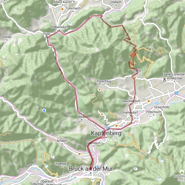Miniatura della mappa di ispirazione al ciclismo "Tour tra Burgruine Landskron e Kapfenberg" nella regione di Steiermark, Austria. Generata da Tarmacs.app, pianificatore di rotte ciclistiche