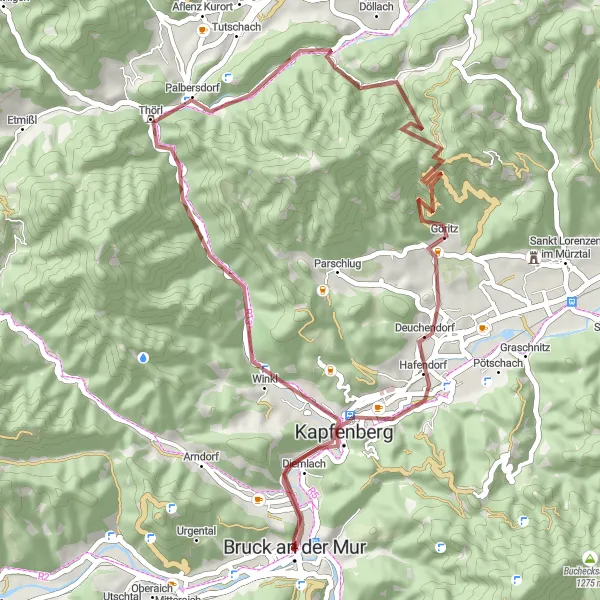 Miniaturní mapa "Gravel Trail to Bruck an der Mur" inspirace pro cyklisty v oblasti Steiermark, Austria. Vytvořeno pomocí plánovače tras Tarmacs.app