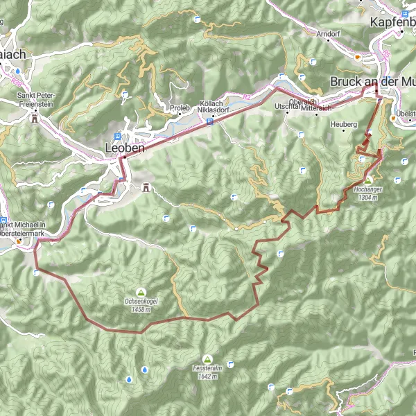 Miniatura della mappa di ispirazione al ciclismo "Esplorazione in bicicletta in gravella da Bruck an der Mur" nella regione di Steiermark, Austria. Generata da Tarmacs.app, pianificatore di rotte ciclistiche