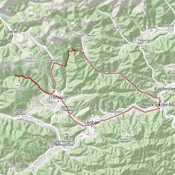 Miniature de la carte de l'inspiration cycliste "Vers les Montagnes de Styrie" dans la Steiermark, Austria. Générée par le planificateur d'itinéraire cycliste Tarmacs.app