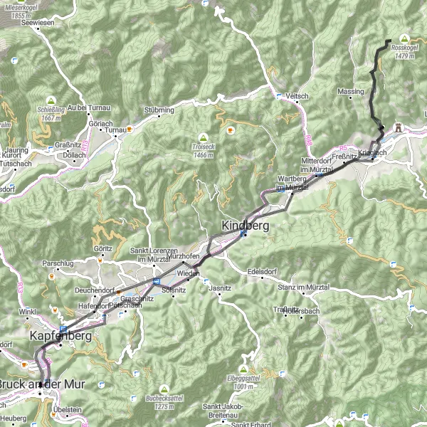 Miniaturekort af cykelinspirationen "Kuperet Rute gennem Mürztal" i Steiermark, Austria. Genereret af Tarmacs.app cykelruteplanlægger