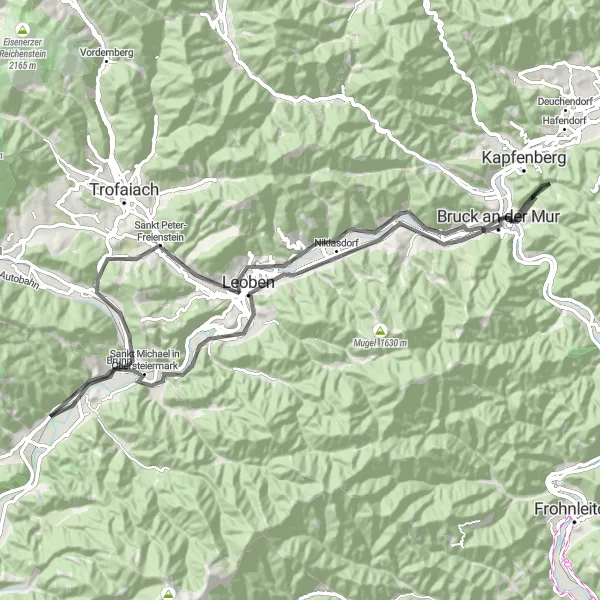Miniatua del mapa de inspiración ciclista "Ruta Escénica por Leoben y Münzenberg" en Steiermark, Austria. Generado por Tarmacs.app planificador de rutas ciclistas
