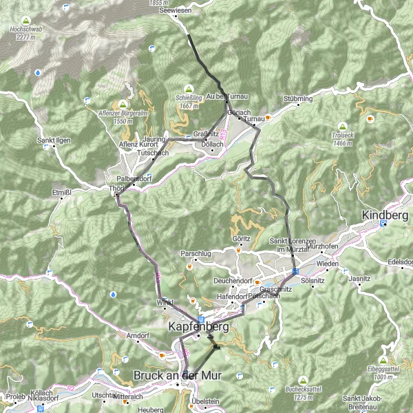 Miniatuurkaart van de fietsinspiratie "Bruck an der Mur Loop" in Steiermark, Austria. Gemaakt door de Tarmacs.app fietsrouteplanner
