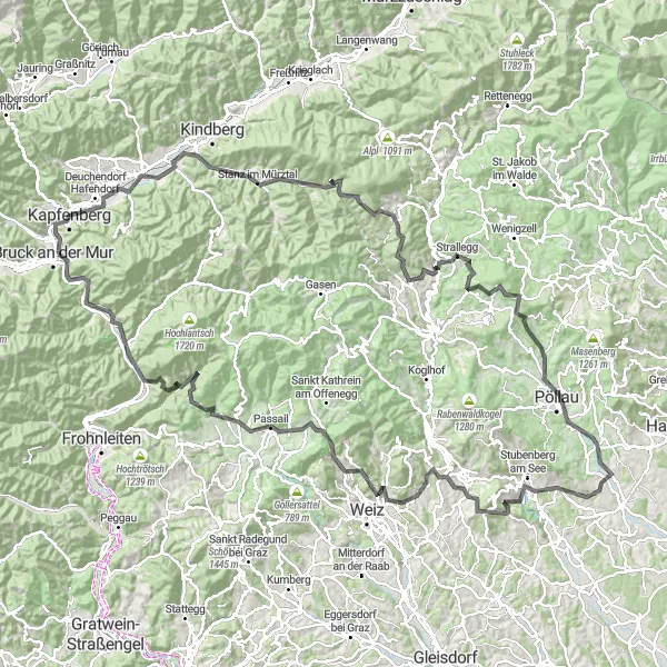 Miniaturní mapa "Výhledová cyklostezka Bruck an der Mur" inspirace pro cyklisty v oblasti Steiermark, Austria. Vytvořeno pomocí plánovače tras Tarmacs.app