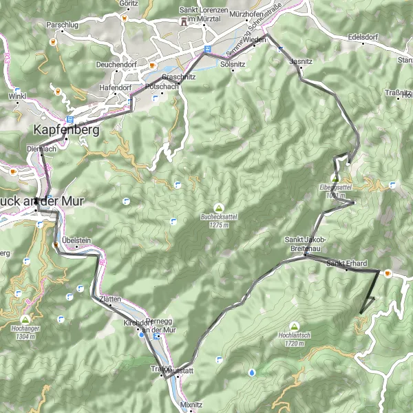 Miniatura della mappa di ispirazione al ciclismo "Il Giro delle Colline e dei Punti Panoramici" nella regione di Steiermark, Austria. Generata da Tarmacs.app, pianificatore di rotte ciclistiche