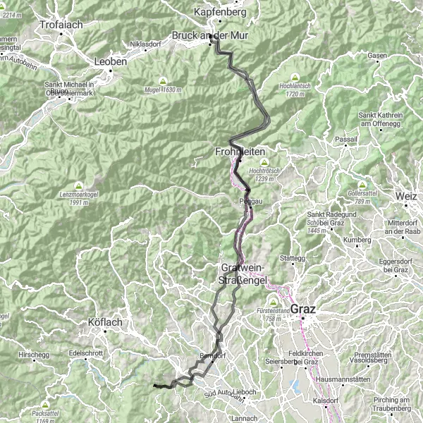 Miniature de la carte de l'inspiration cycliste "Les Collines de la Mur" dans la Steiermark, Austria. Générée par le planificateur d'itinéraire cycliste Tarmacs.app