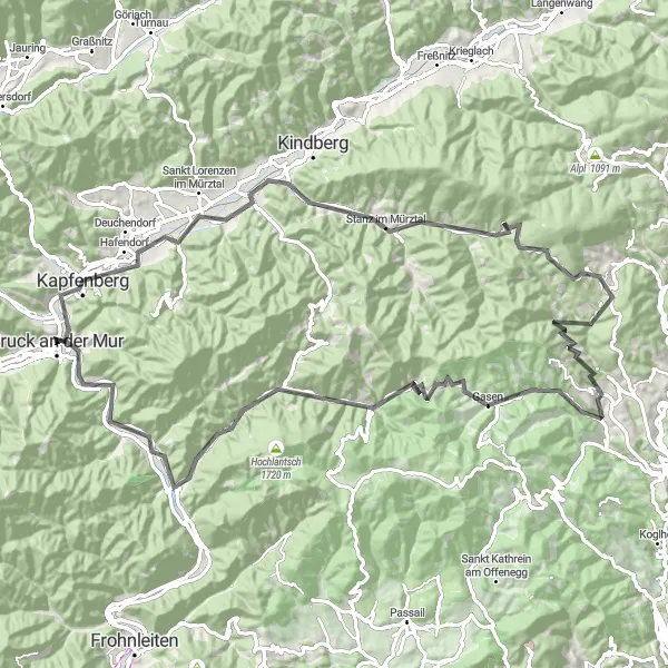 Miniaturní mapa "Road Trip kolem Mürztalu" inspirace pro cyklisty v oblasti Steiermark, Austria. Vytvořeno pomocí plánovače tras Tarmacs.app