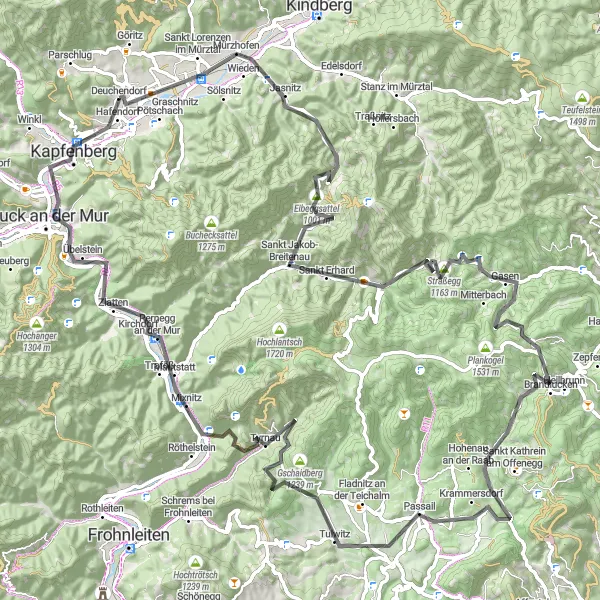 Miniatua del mapa de inspiración ciclista "Ruta panorámica de 110 km por los Alpes Orientales" en Steiermark, Austria. Generado por Tarmacs.app planificador de rutas ciclistas