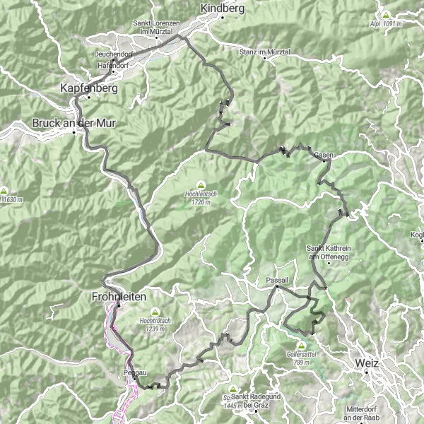 Miniature de la carte de l'inspiration cycliste "Épopée Kapfenberg" dans la Steiermark, Austria. Générée par le planificateur d'itinéraire cycliste Tarmacs.app