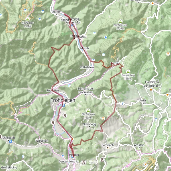 Miniatura della mappa di ispirazione al ciclismo "Giro in bicicletta Gravel da Deutschfeistritz a Schloss Thinnfeld" nella regione di Steiermark, Austria. Generata da Tarmacs.app, pianificatore di rotte ciclistiche