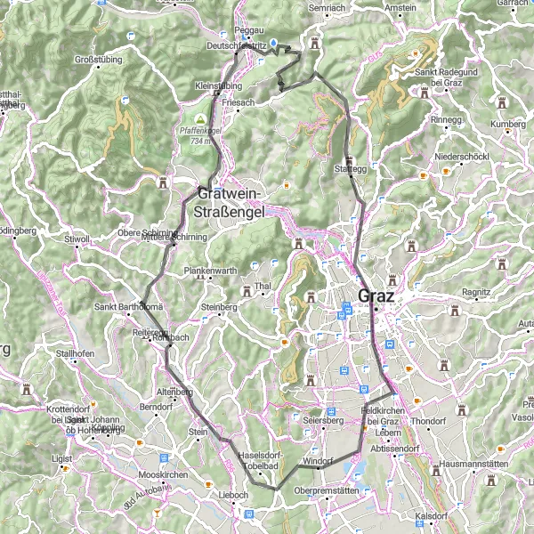 Map miniature of "Peggau and Graz Loop" cycling inspiration in Steiermark, Austria. Generated by Tarmacs.app cycling route planner