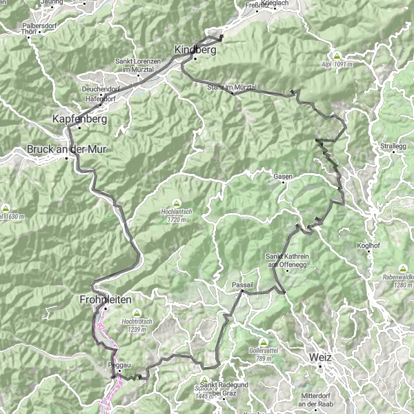 Mapa miniatúra "Horská cyklotrasa cez Peggau a Liebsberg" cyklistická inšpirácia v Steiermark, Austria. Vygenerované cyklistickým plánovačom trás Tarmacs.app