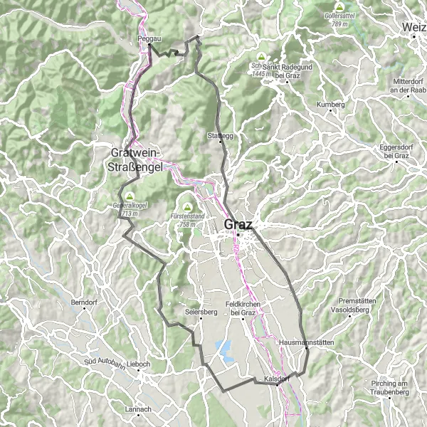Miniature de la carte de l'inspiration cycliste "Balade pittoresque à travers les collines de Graz" dans la Steiermark, Austria. Générée par le planificateur d'itinéraire cycliste Tarmacs.app