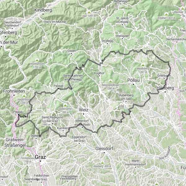 Map miniature of "Mountain Passes and Valleys" cycling inspiration in Steiermark, Austria. Generated by Tarmacs.app cycling route planner