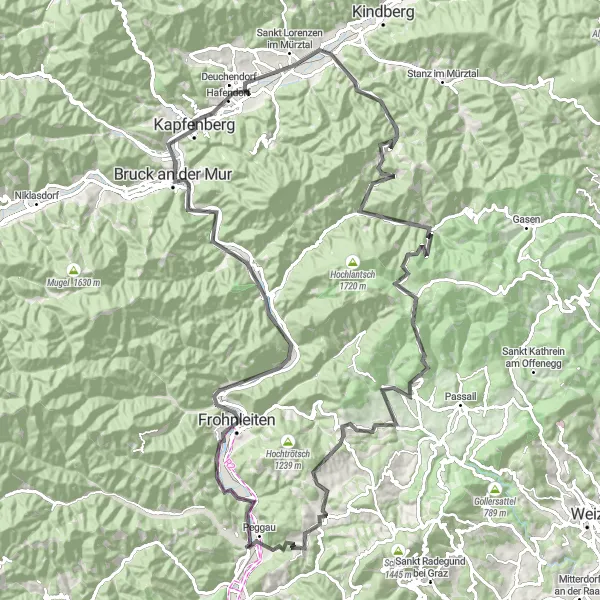 Miniatua del mapa de inspiración ciclista "Tour desafiante por Steiermark" en Steiermark, Austria. Generado por Tarmacs.app planificador de rutas ciclistas