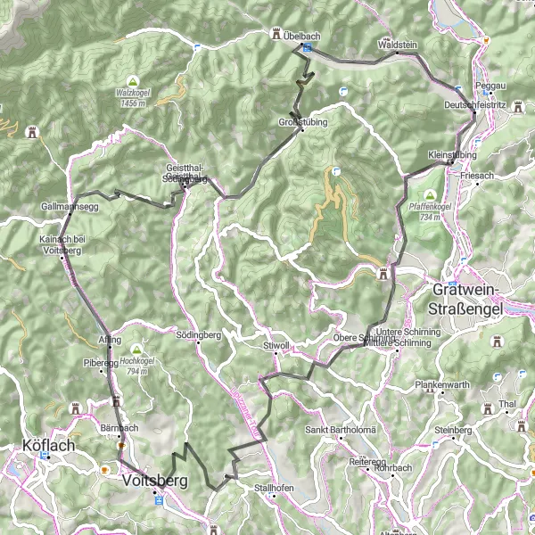 Miniature de la carte de l'inspiration cycliste "Parcours des Montagnes Autrichiennes" dans la Steiermark, Austria. Générée par le planificateur d'itinéraire cycliste Tarmacs.app