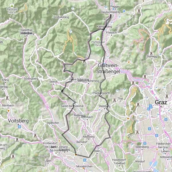 Miniature de la carte de l'inspiration cycliste "Tour à travers la campagne de Graz" dans la Steiermark, Austria. Générée par le planificateur d'itinéraire cycliste Tarmacs.app