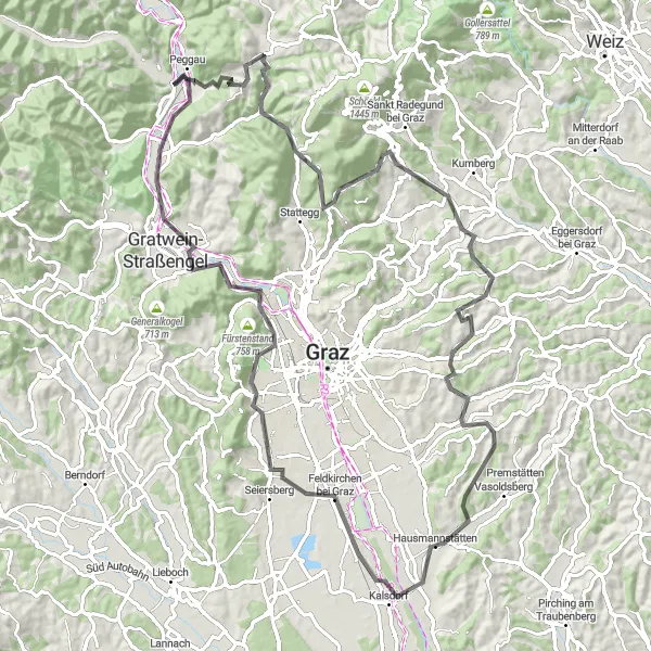 Miniatura della mappa di ispirazione al ciclismo "Road Semriach e Fernitz Tour" nella regione di Steiermark, Austria. Generata da Tarmacs.app, pianificatore di rotte ciclistiche