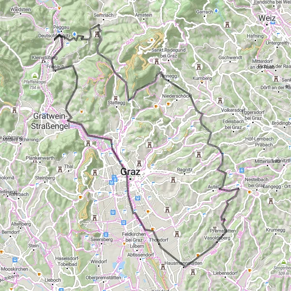 Kartminiatyr av "Semriach och Graz Loop" cykelinspiration i Steiermark, Austria. Genererad av Tarmacs.app cykelruttplanerare