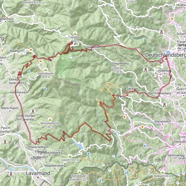 Mapa miniatúra "Gravel Adventure" cyklistická inšpirácia v Steiermark, Austria. Vygenerované cyklistickým plánovačom trás Tarmacs.app