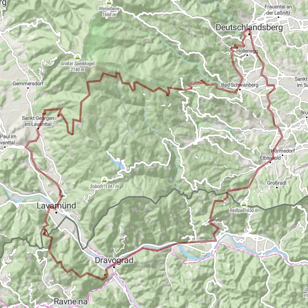 Map miniature of "Deutschlandsberg to Dravograd Gravel Adventure" cycling inspiration in Steiermark, Austria. Generated by Tarmacs.app cycling route planner