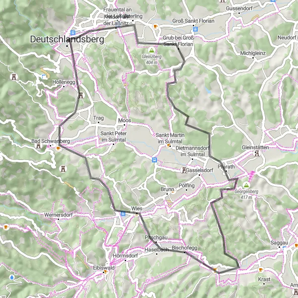 Miniatua del mapa de inspiración ciclista "Ruta por carretera desde Deutschlandsberg" en Steiermark, Austria. Generado por Tarmacs.app planificador de rutas ciclistas