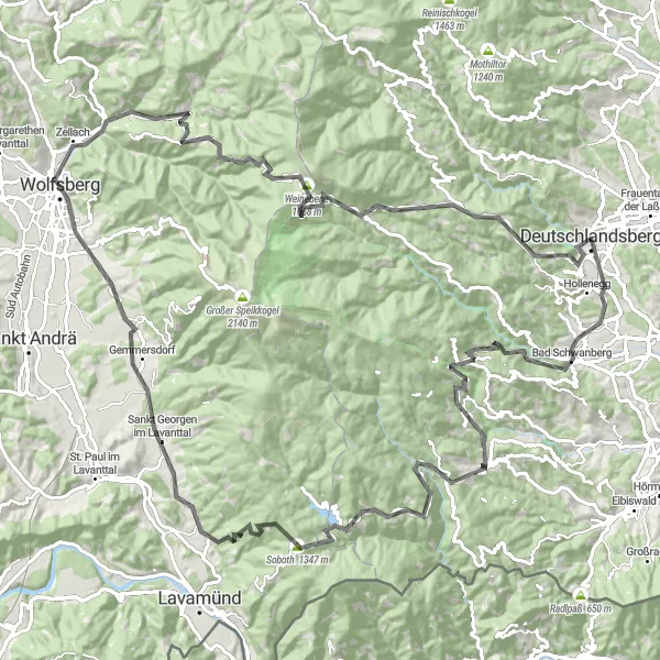 Miniatua del mapa de inspiración ciclista "Ruta de las Montañas y Bosques" en Steiermark, Austria. Generado por Tarmacs.app planificador de rutas ciclistas