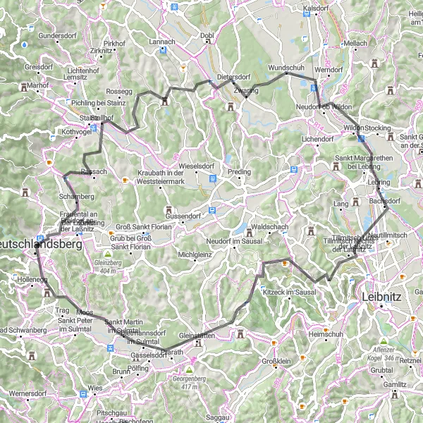 Miniatua del mapa de inspiración ciclista "Recorrido extenso en bicicleta desde Deutschlandsberg" en Steiermark, Austria. Generado por Tarmacs.app planificador de rutas ciclistas