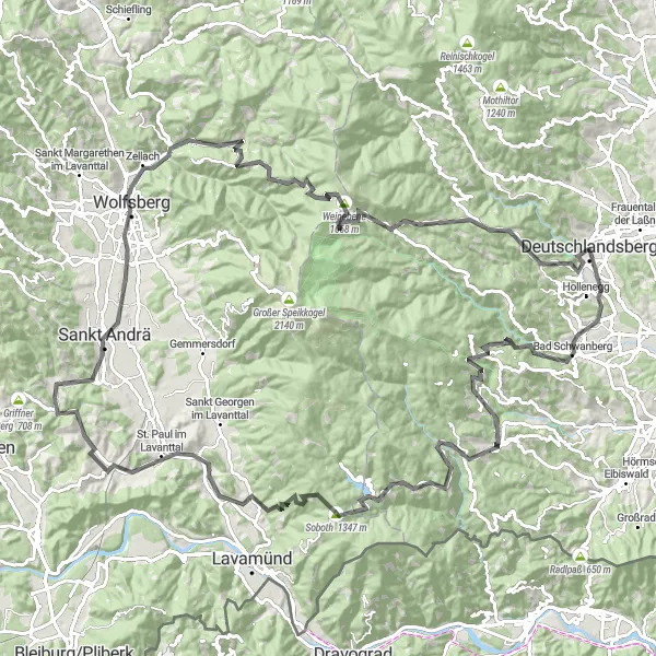 Map miniature of "Deutschlandsberg to Deutschlandsberg Loop" cycling inspiration in Steiermark, Austria. Generated by Tarmacs.app cycling route planner