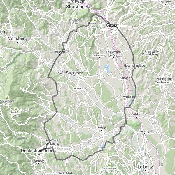 Miniaturní mapa "Okružní cyklotrasa Deutschlandsberg - Stainz - Hitzendorf - Thal - Schlossberg - Raaberkogel - Grambach - Mellach - Spiegelkogel - Unterbergla - Deutschlandsberg" inspirace pro cyklisty v oblasti Steiermark, Austria. Vytvořeno pomocí plánovače tras Tarmacs.app