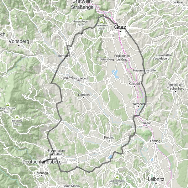 Miniatuurkaart van de fietsinspiratie "Stainz - Hitzendorf - Thal - Schlossberg - Raaberkogel - Grambach - Mellach - Spiegelkogel - Unterbergla - Deutschlandsberg" in Steiermark, Austria. Gemaakt door de Tarmacs.app fietsrouteplanner