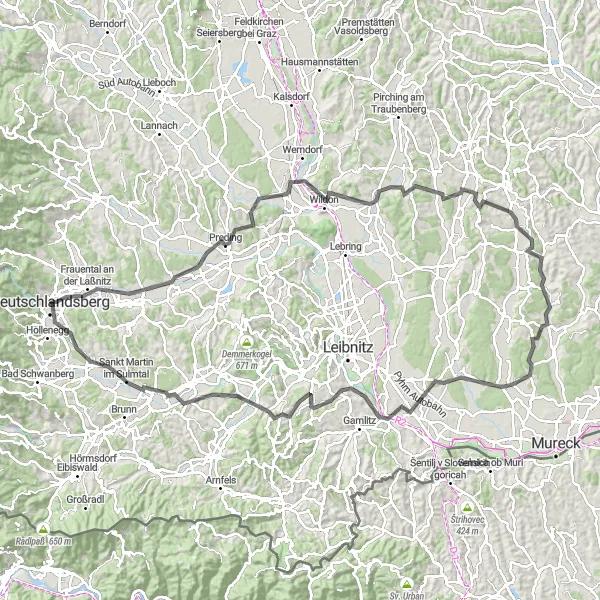 Zemljevid v pomanjšavi "Uživaška kolesarska tura po pokrajini Steiermark" kolesarske inspiracije v Steiermark, Austria. Generirano z načrtovalcem kolesarskih poti Tarmacs.app