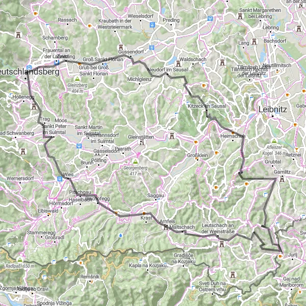 Miniaturní mapa "Okružní cyklotrasa Deutschlandsberg - Groß Sankt Florian - Demmerkogel - Heimschuh - Gamlitz - Türkenkogel - Arnfels - Wies - Deutschlandsberg" inspirace pro cyklisty v oblasti Steiermark, Austria. Vytvořeno pomocí plánovače tras Tarmacs.app