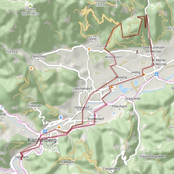 Miniatura della mappa di ispirazione al ciclismo "Avventura Gravel tra le Colline" nella regione di Steiermark, Austria. Generata da Tarmacs.app, pianificatore di rotte ciclistiche
