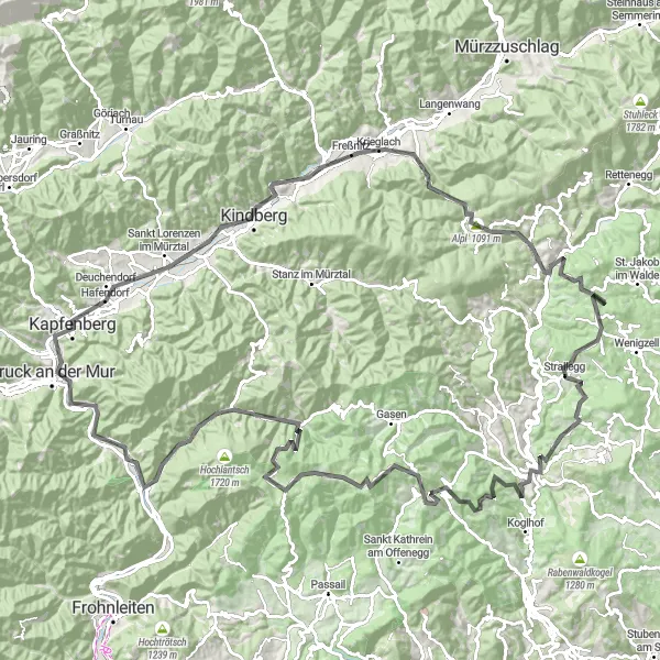 Map miniature of "Thrilling Road Adventure" cycling inspiration in Steiermark, Austria. Generated by Tarmacs.app cycling route planner