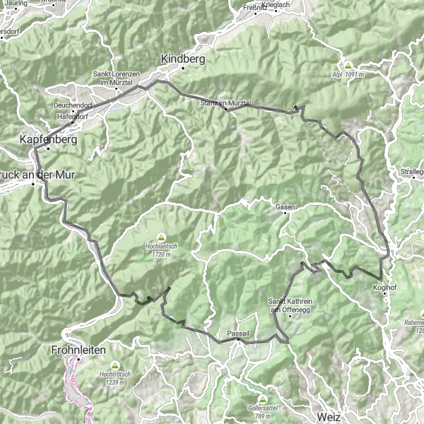 Map miniature of "Mürztal Challenge" cycling inspiration in Steiermark, Austria. Generated by Tarmacs.app cycling route planner