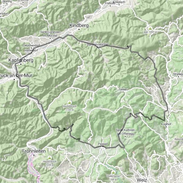 Miniaturekort af cykelinspirationen "Bjergrute fra Diemlach" i Steiermark, Austria. Genereret af Tarmacs.app cykelruteplanlægger