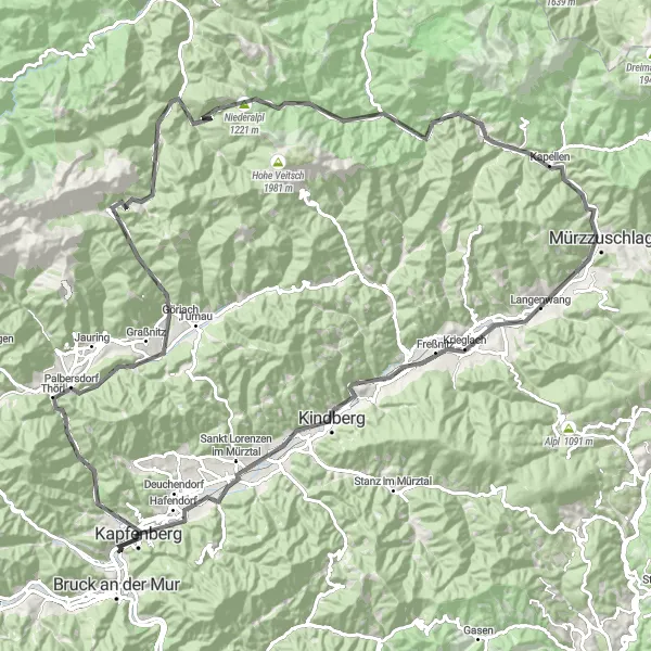 Miniature de la carte de l'inspiration cycliste "Parcours des Sommets de Styrie" dans la Steiermark, Austria. Générée par le planificateur d'itinéraire cycliste Tarmacs.app
