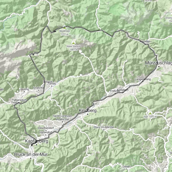 Karttaminiaatyyri "Kapfenberg - Mürzzuschlag Scenic Road Tour" pyöräilyinspiraatiosta alueella Steiermark, Austria. Luotu Tarmacs.app pyöräilyreittisuunnittelijalla