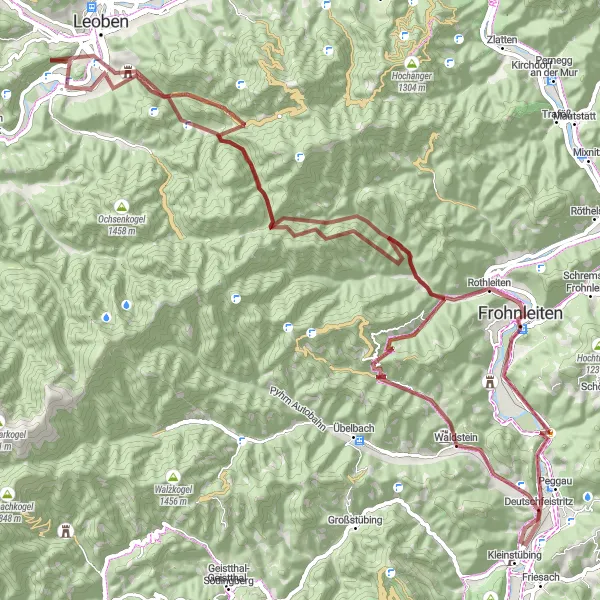 Zemljevid v pomanjšavi "Gorska avantura po Donawitzu" kolesarske inspiracije v Steiermark, Austria. Generirano z načrtovalcem kolesarskih poti Tarmacs.app