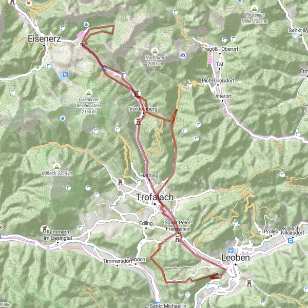 Zemljevid v pomanjšavi "Gravel avantura po železniški progi" kolesarske inspiracije v Steiermark, Austria. Generirano z načrtovalcem kolesarskih poti Tarmacs.app