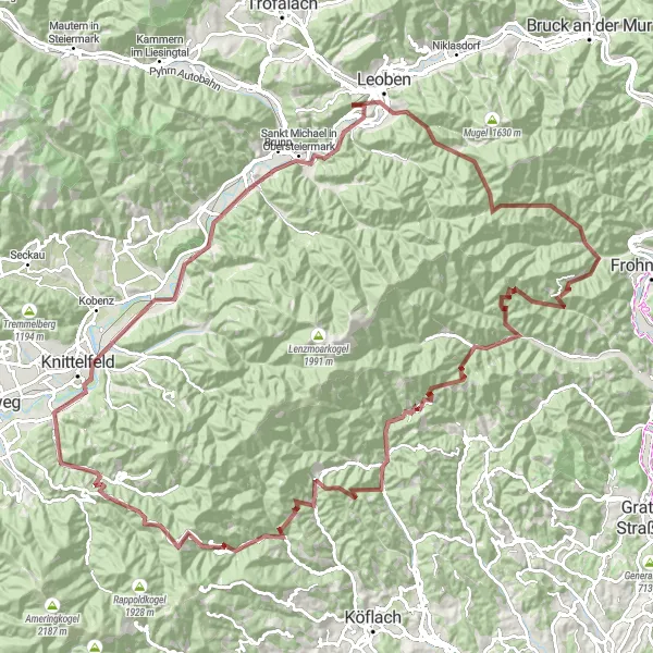 Miniatua del mapa de inspiración ciclista "Gran desafío en tierras austriacas" en Steiermark, Austria. Generado por Tarmacs.app planificador de rutas ciclistas