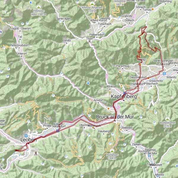 Miniaturekort af cykelinspirationen "Panoramisk Grus Cykelrute fra Donawitz til Kalvarienberg" i Steiermark, Austria. Genereret af Tarmacs.app cykelruteplanlægger
